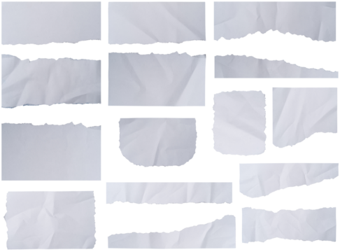 Set of White ripped paper strips collection.  Paper scraps with torn edges. Sticky notes, shreds of notebook pages Isolated on white background