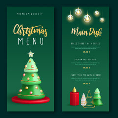 Christmas holiday restaurant menu design with realistic 3D plastic Christmas trees. Vector illustration