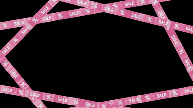 Rolling out realistic pink sale tapes with discount sign isolated on transparent background. Big sale. Mega sale. Discount. Animated tape. Crossing over ribbon.