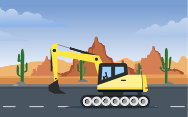 Obraz na płótnie Canvas Excavator service isolated on desert highway. yellow excavator. vector illustration.