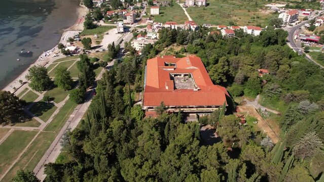Aerial View of Tito's Villa Galeb on Hill Above Adriatic Sea in Igalo, Montenegro. Former President of Yugoslavia Summer Residence, Drone Shot