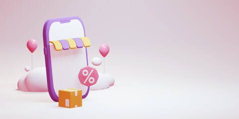 Smartphone and a parcel box linked to a 3D price tag with a percent symbol. Illustration of a special commercial bonus concept 