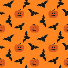 Seamless pattern with pumpkins and black bats on orange background for halloween