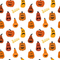 Seamless pattern with smile pumpkins and boo on white background for halloween.