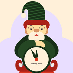 New Year's Eve greeting card. Vector image of an elf with a clock reminding of the approach of the new year