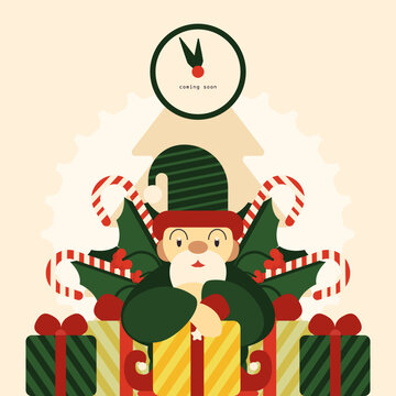 New Year's Eve greeting card. Vector image of an elf with gifts reminding of the approach of the new year
