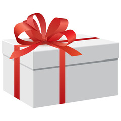 White gift box and red ribbon. Chirstmas and happy new year decor.