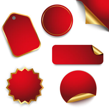 Set of red stickers with gold elements. Vector illustration.