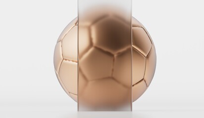 Gold football soccer ball with trendy frosted glass blank label. 3D Rendering