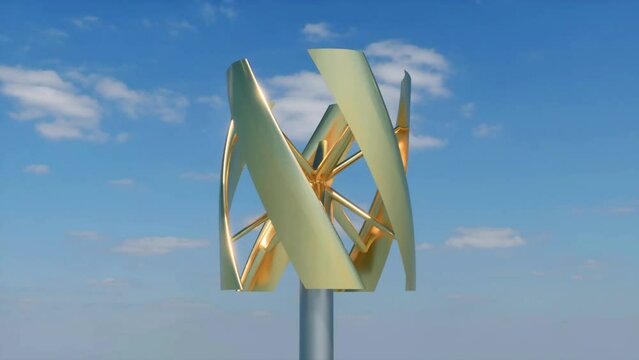 A close-up view of a gold-plated vertical axis wind turbine generating electricity from the wind during the day.
