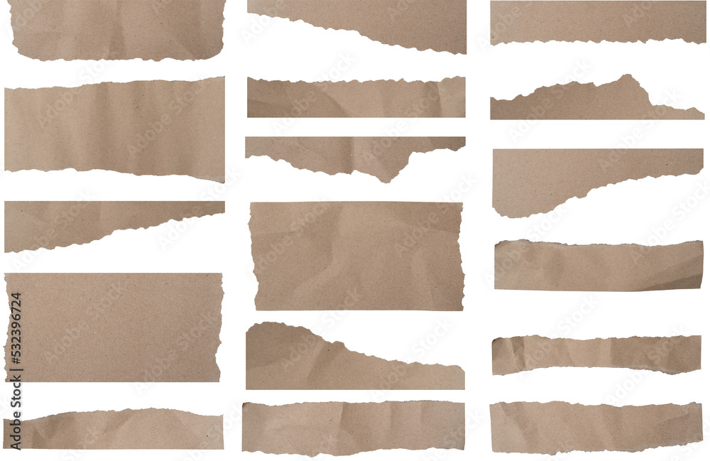 Aufkleber set of torn paper with space for text design, old brown paper texture, isolated on white background