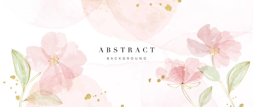 Floral in watercolor vector background. Luxury wallpaper design with pink flowers, line art, watercolor, flower garden. Elegant gold blossom flowers illustration suitable for fabric, prints, cover.