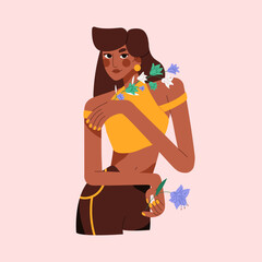 Young modern woman and wild flowers portrait. Fashion pretty black girl posing with floral stems, bright summer blooms, showy wildflowers. Flat graphic vector illustration isolated on white background
