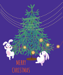 Merry Christmas greeting card. Cute cartoon character rabbits,bunny decorate the tree .
