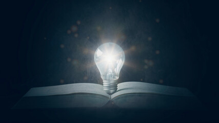 Glowing lightbulbs on the Book, with smoke floating up on dark blue abstract, idea management,...