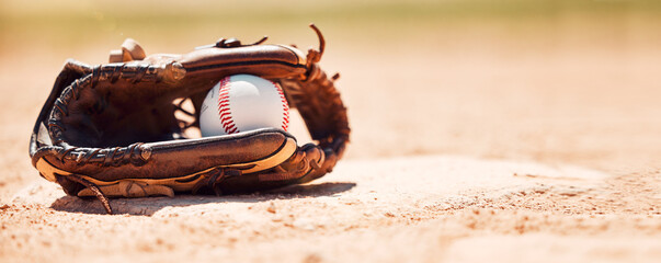 Baseball field, softball and ball, glove and base plate on pitch ground, field and turf outdoors for competition, game or match. Background for sports homerun, strike and training contest equipment