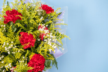 flower bouquet of red carnation with green leaves on blue background