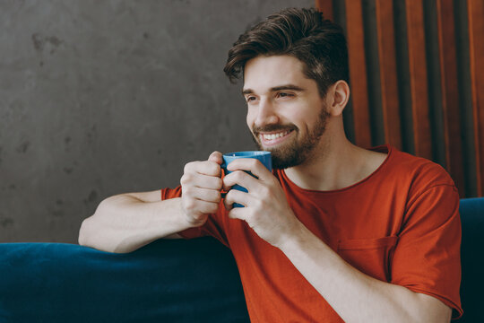 Close Up Young Man Wears Red T-shirt Hold Cup Drink Hot Tea Look Aside Sit On Blue Sofa Stay At Home Hotel Flat Rest Relax Spend Free Spare Time In Living Room Indoors Grey Wall People Lounge Concept