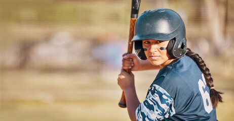 Baseball woman, game face and ready to hit ball with bat on a field. Sports player with eye paint,...