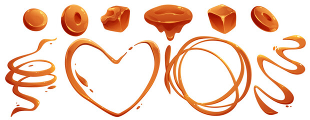 Fototapeta Toffee candies and liquid caramel splashes and flows. Vector cartoon set of sweet brown cream, fudge cubes, sugar or maple syrup drips and stains in shape of swirls, heart and waves obraz