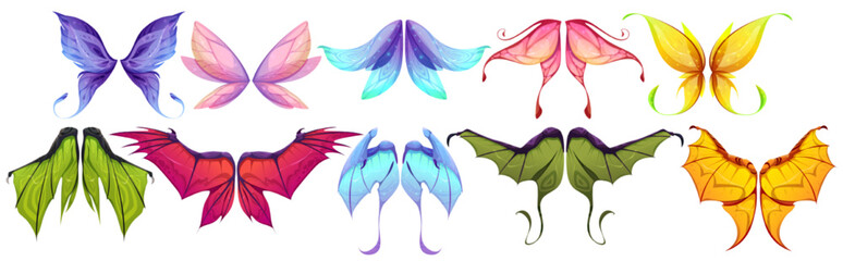 Wings of fairy, dragon or butterfly isolated set. Myth and fable creatures, birds or pixie different wing pairs. Colorful magic collection for rpg game fantasy characters, Cartoon vector illustration © klyaksun