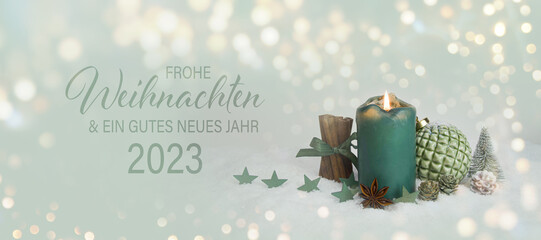 Weihnachtskarte mit Neujahrsgruß - Frohe Weihnachten und ein gutes neues Jahr 2023 - Dekoration...
