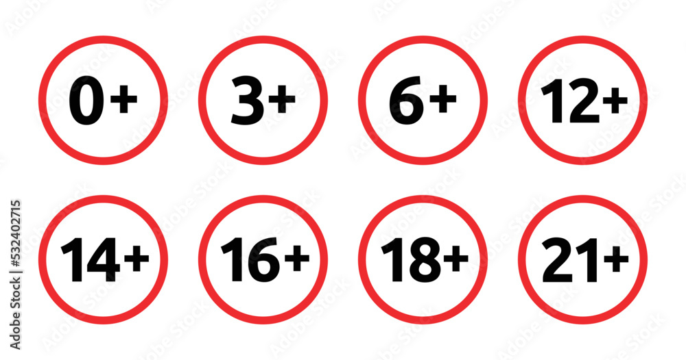 Poster set of age limit signs. age restriction content icon vector illustration.