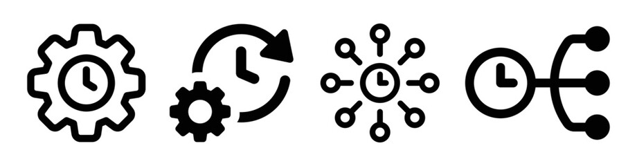 Time management project planning icon set. Cogwheel with clock vector symbol isolated on white background. 