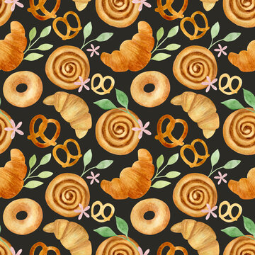 Watercolor pastries seamless pattern on black background. Kitchen textile design. Hand-drawn fresh baked food: Croissants, pretzels, cinnamon rolls, and bagels.