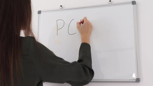 Woman writes PCOS on a white board in the hospital with a marker pen. It means Polycystic ovary syndrome