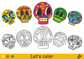 Kids coloring with template a cute halloween sugar skulls