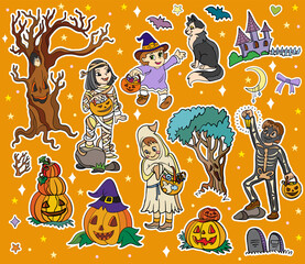 Halloween kids and elements sticker orange set vector illustration