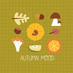 Vector autumn illustration with mushrooms, pumpkin, nuts and leaves. Autumn postcard.