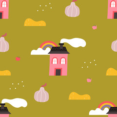 Autumn seamless pattern with small houses and a rainbow. Vector modern background for wallpapers and textiles.