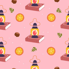 Autumn seamless pattern with book and lantern. Vector modern background.