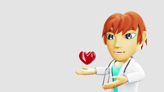 3D render of animated doctor model holding a beating heart White background, black background and green background for websites or medical or health banners.