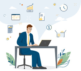 Handsome office worker. A man is working on a laptop and infographics and workflow icons in the background. Vector illustration.