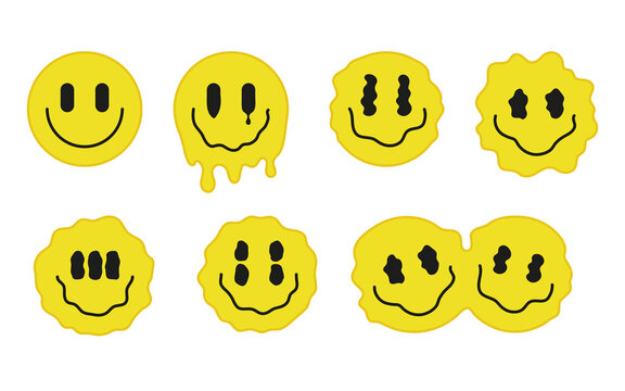 Psychedelic surreal drip melt emoji set. Liquid face with smile. Illusion, dual creative happy sign. Vector illustration