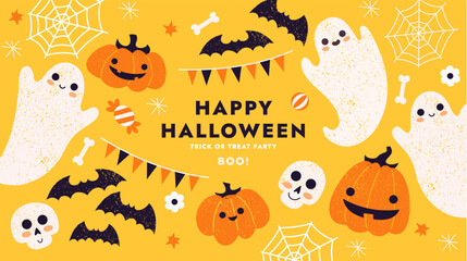 Fototapeta Cute halloween horizontal design template. Textured illustration of various monsters. Vector illustration obraz