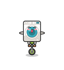 The cute washing machine character is riding a circus bike