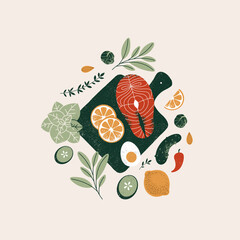 Healthy eating ingredients on the board. Salmon and vegetables. Keto food. Tomato and herbs. Vector illustration