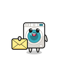 cartoon illustration of washing machine holding a yellow letter