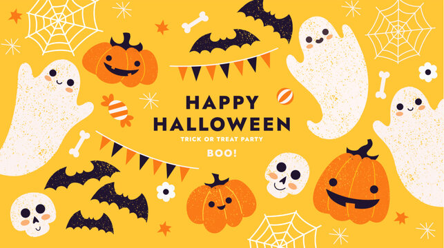 Cute halloween horizontal design template. Textured illustration of various monsters. Vector illustration