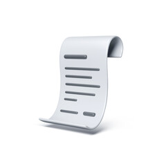 3D paper bill in cartoon style. Receipt icon isolated on white. Render of fiscal check