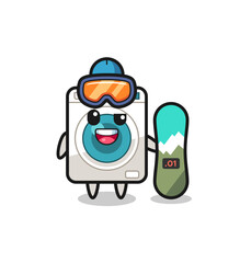 Illustration of washing machine character with snowboarding style