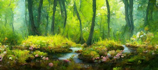 Fototapeta na wymiar Enchanting watercolor evergreen forest, old grove trees, moss and ferns. Calm tranquil nature green scene. Wild flowers, fantasy woodland swamp, wetland grass, fen river streams and springs. 