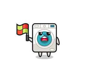 Fototapeta premium washing machine character as line judge putting the flag up