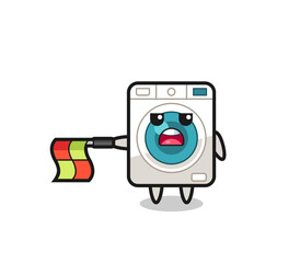 washing machine character as line judge hold the flag straight horizontally