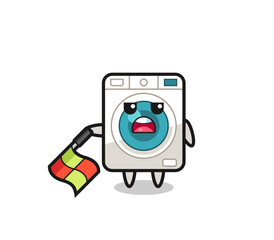 washing machine character as line judge hold the flag down at a 45 degree angle