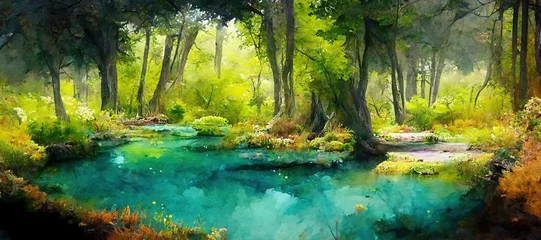 Foto op Plexiglas Enchanting watercolor evergreen forest, old grove trees, moss and ferns. Calm tranquil nature green scene. Wild flowers, fantasy woodland swamp, wetland grass, fen river streams and springs.  © SoulMyst